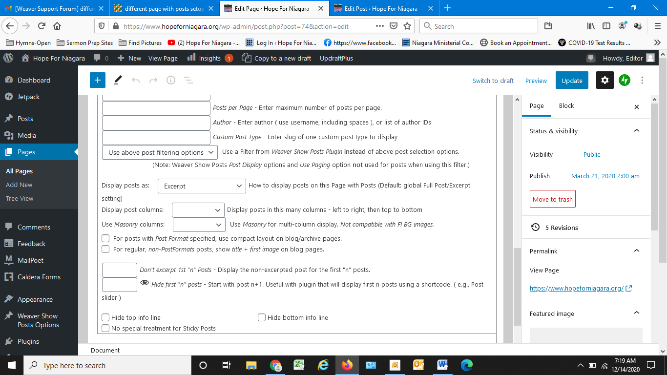 Welcome page - page with post settings